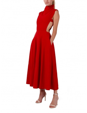 Red turtleneck dress with lateral detail