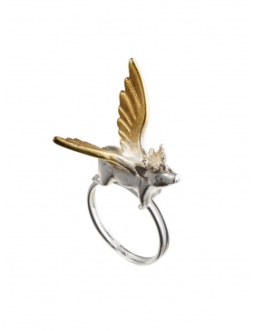 Silver ring with crowned flying piglet